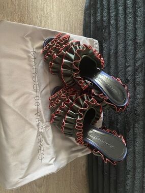 Ruffled Olive Slide Mules with Red Piping